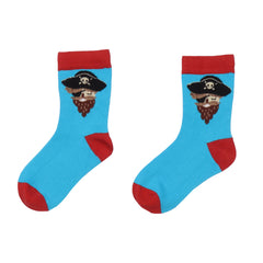 Children's organic socks - light blue with pirate motif and red contrast color